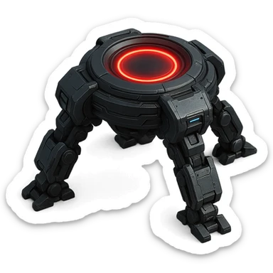 futuristic control device with four robotic legs and a glowing red circle in the center, advanced technology look, sci-fi style sticker