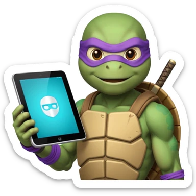 Donatello from Teenage Mutant Ninja Turtles, emoji style, holding a tablet with a hacking screen and a tech gadget, with a cyan hacking interface on the screen sticker