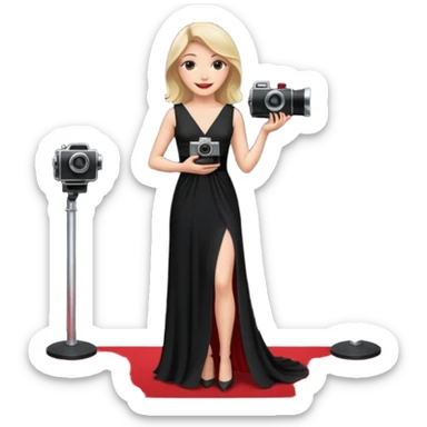 an actress standing on a red carpet, smiling, with a film camera next to her. sticker