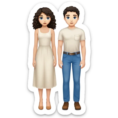 One tall man with light skin, blue eyes, short straight dark hair, wearing jeans. With one girl with tan skin and long curly dark hair, and brown eyes wearing a white midi dress.  sticker