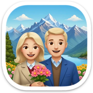 Couple  laughing traveling russian man and elegant  Latina girl delicate flowers and mountains in the background  sticker