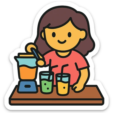 cartoon girl preparing cold drinks and juices on a table, bright colors sticker