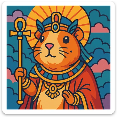 almighty guinea pig god with a mole on the left cheek, holding a scepter, ornate, vibrant toon style sticker