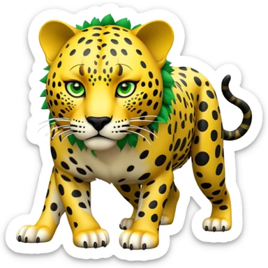 cinematic-jaguar-realistic-full-body-on all fours-emoji,-powerful-frame-poised-for-action,-yellow-fur-adorned-with-bold-black-rosettes,-head-tilted-dramatically,-piercing-green-eyes-locked-onto-its-prey,-simplified-yet-realistic-focused-features,-highly-detailed,-glowing-with-an-almost-sarcastic-glow sticker