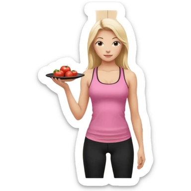 Render from knees up, view from the back, fair skinned woman, thin, long blond hair, cooking dinner in kitchen, pink loose tank top, showing natural B cup breast shape SFW, black yoga pants, perfect booty sticker