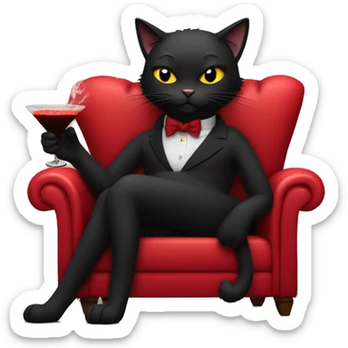 black cat wearing a boa laying down on a sultry red couch smoking a cigarette with a martini  sticker