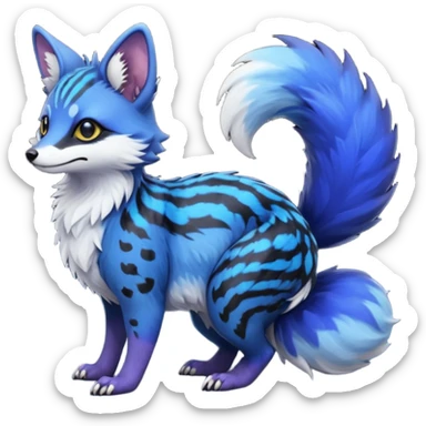 Feral cute hyper-realistic chubby floofy fluffy puffy furry Rare Fantasy vibrant dark shady shaded detailed deep-dark-cobalt-blue-gradients-colored colorful Vernid-Sergal-Genet-Trico-Fox-species by LiLaiRa, with dark-blackish points, white belly, random markings, tufted tail, tufted ears, full body sticker