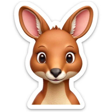 Cinematic Cute Adult Red Kangaroo Portrait Emoji, Head tilted playfully and inquisitively, showcasing a charming, robust build with soft reddish fur and a uniquely red kangaroo-like head featuring a gentle, elongated snout and rounded ears, with large, sparkling eyes full of wonder, Simplified yet irresistibly adorable features, highly detailed, glowing with a warm, friendly glow, high shine, affectionate and lively, stylized with a touch of outback whimsy, soft glowing outline, capturing the essence of a mischievous yet loving kangaroo that seems as if it could hop out of the screen into your arms! sticker