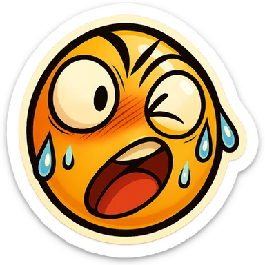 Create a funny emoji inspired by the character's exaggerated, silly, and sweaty expression. Emphasize the wide eyes, tilted head, and sweat drops for a comical effect in a retro stickers emoji style. sticker