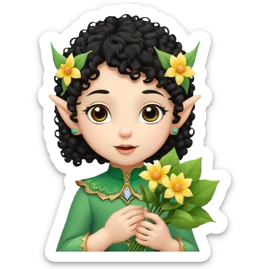 baby elf black curly hair with pointy ears, hold flowers sticker