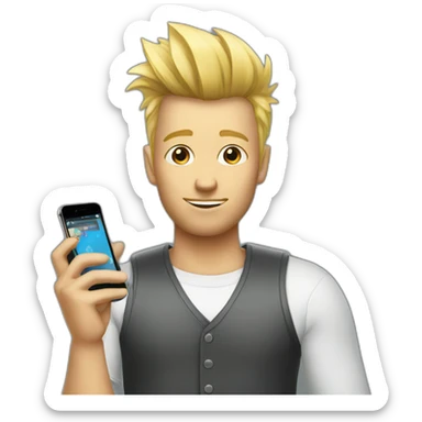 man with blonde faux hawk holding iphone sticker
