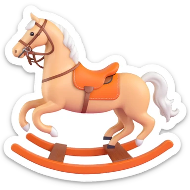 rocking horse, 3D, antique, medium wood, Hermès orange bridle, classic, no text sticker