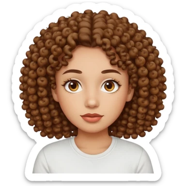 
professional, curly brown lady with hazel eyes, a little dot on the top of the left lip, a normal t shirst sticker