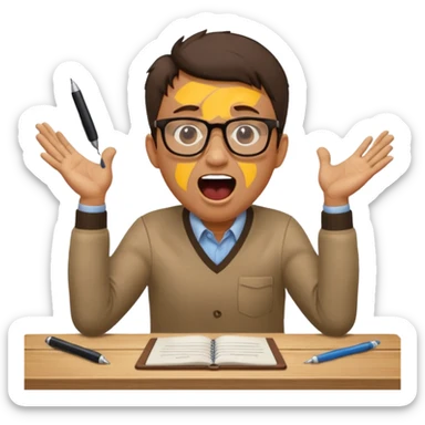 man at table, mouth open shouting, leaning in, hands on table, working sticker