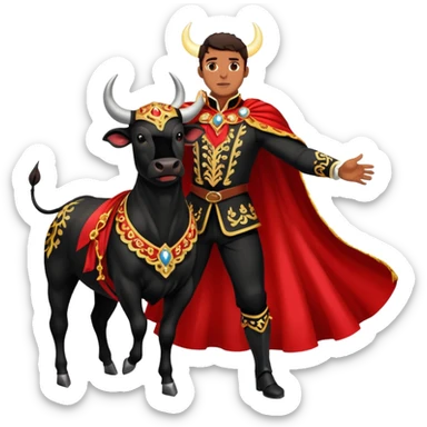 Create a realistic image of a traditional bullfighting scene in a Spanish arena.
Show a bullfighter (matador) HOLDING a red cape (muleta) not wearing one. as a powerful black bull charges toward it. NOT riding the bull. sticker
