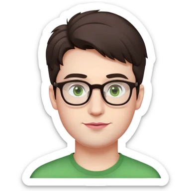 Young man with short but voluminous poofy dark brown hair, green eyes wearing glasses, wide face with eyes set apart, bigger ears, very pale skin, slightly bigger nose, fuller darker pink lips with a smile, and very light stubble sticker