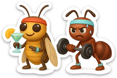 EMOJI STILE IPHONE 3D DI UNA CICALA E UNA FORMICA IN ABITI FITNESS, LA CICALA HA IN MANO UN COCKTAIL MENTRE LA FORMICA HA IN MANO UN MANUBRIO DA PALESTRA. L'IMMAGINE RAPPRESENTA IL FATTO CHE LA FORMICA VOGLIA IMPEGNARSI REALMENTE PER CAMBIARE IL SUO FISICO MENTRE LA CICALA SI VUOLE DIVERTIRE E NON CONCLUDE NULLA ALLA FINE sticker
