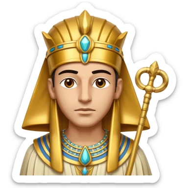 A regal pharaoh with golden headdress, calm stern eyes, and holding a crook and flail with authority.
 sticker