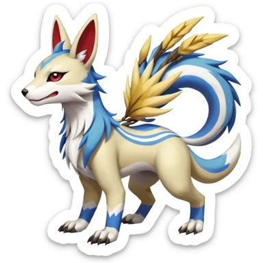 Colorful Skilled Adept Graceful Asian Painted WereGarurumon-Linoone-Meloetta-Renamon-Zangoose-fusion-hybrid-creature (full body) sticker