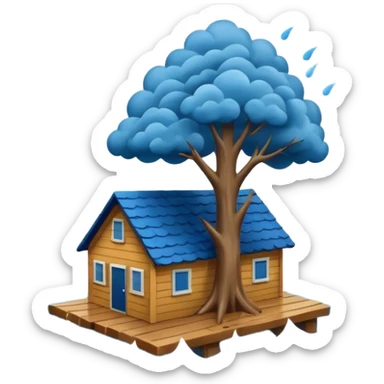 showing a flood disaster scene with powerful blue water waves carrying floating tree branches and wood pieces, small houses partially submerged, dark storm clouds above, heavy rain, realistic yet simple and clean emoji-style design sticker