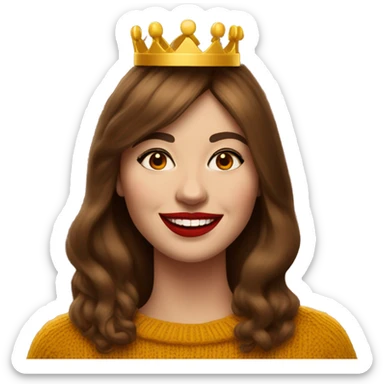 White English woman with very long brown hair and face framing layered bangs dressed in a mustard yellow sweater with birthday crown and negroni in hand. She is smiling smugly with red lipstick sticker