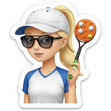 Girl with blond hair in a ponytail wearing a white baseball cap and sunglasses holding a  pickleball sticker