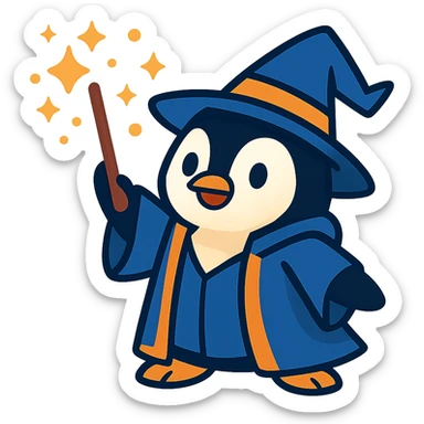 a cute penguin wizard casting a spell, wearing a robe and holding a wand, magical sparkles around sticker