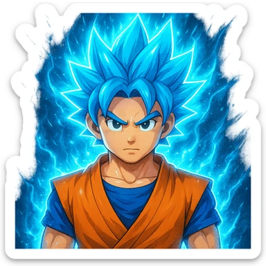 Add a glowing blue power-up aura around the spiky-haired anime hero. Keep the background transparent. The style should resemble a vibrant anime illustration with dynamic blue glowing effects around the character's hair and body. sticker