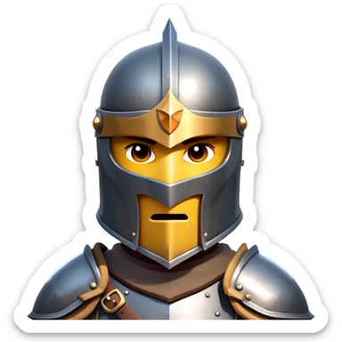 clash-of-clans-aesthetic_-cinematic-fearsome-and-majestic-knight-bust-portrait-emoji, rendered in a flat, vector-style with minimal shading and bold, simplified shapes, depicting a battle-ready medieval knight with steely eyes and intricate armor, mounted on a warhorse reflecting sunlight over a misty battlefield. sticker