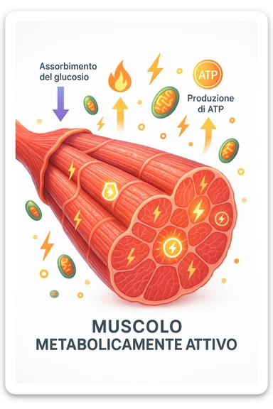 a highly detailed cross-section of human skeletal muscle fibers, shown in vibrant red and pink tones, with visible striations and realistic texture. Glowing arrows and animated icons represent active metabolic processes—such as glucose uptake, fat oxidation, and ATP production—occurring within the muscle tissue. Surrounding the muscle, floating symbols for mitochondria and energy highlight its metabolic activity. The background is clean and clinical, with subtle labels and infographics explaining that muscle is a metabolically active tissue. The overall style is modern, scientific, and visually engaging, suitable for educational or medical use. in italiano sticker