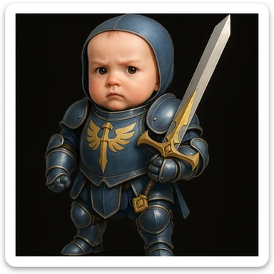 Add a bold Demacian crest to the shiny blue and silver plate armor and sword of the baby warrior, keeping the noble knightly appearance, in a style that matches the original image's cute and noble baby knight appearance. sticker