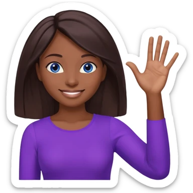 Dark brown hai woman with shoulder-length hair, blue eyes, wearing a purple top, smiling with one hand raised to the side, palm facing up. The gesture looks like she’s presenting something, offering help, or saying “Here you go!”

 sticker