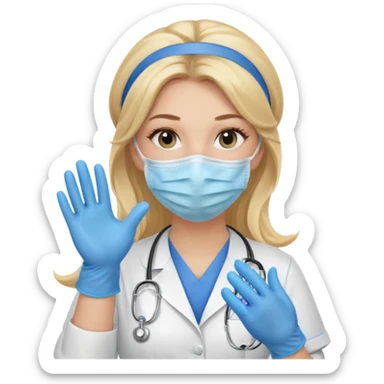 enfermera rubia con pelo largo, con mascarilla y guantes azules que aperezcan las dos manos, como las primeras imagenes que enviaste sticker