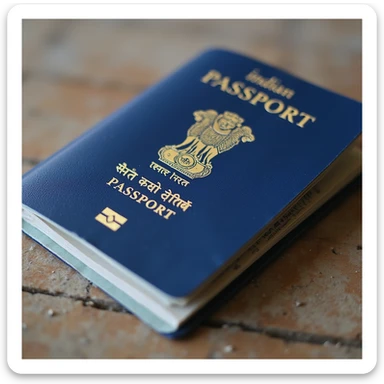 realistic Indian passport, blue cover with gold emblem, closed, on a white background sticker