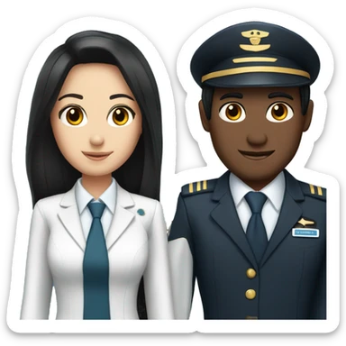 Flight attendant with long black hair and white skin with a pilot man with black hair sticker