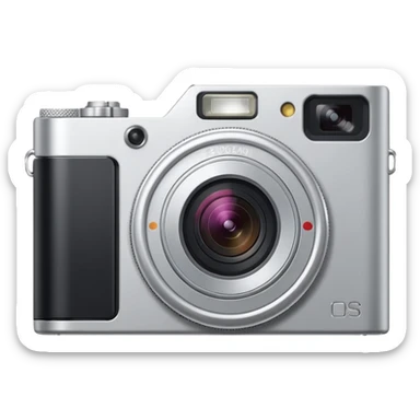 compact fully silver digital camera with a circular extended lens, metallic finish, small built-in flash and minimal buttons. from a slight 45 degree angle sticker