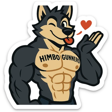 super buff wolf furry, shirtless, with 'Himbo Gunners' tattooed on his pecs, blowing a kiss and winking, happy and flirty, highly defined muscles, ultra high quality sticker