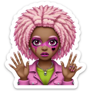 girl, zombie,pink and blonde afro, medium long, emo, shaggy, dark, spooky,double eyebrow dermal piercing, two fingers up sticker