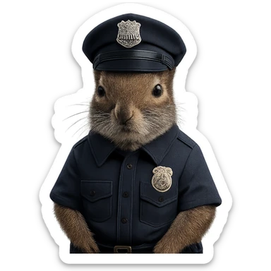 a realistic squirrel in a police uniform, serious face, police hat, badge visible, standing on hind legs sticker