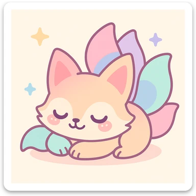 sleeping kitsune with multiple tails, cozy and cute, cartoon style sticker