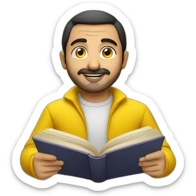 Armenian men with the yellow clothes reading book and looking at camera and smiling  sticker