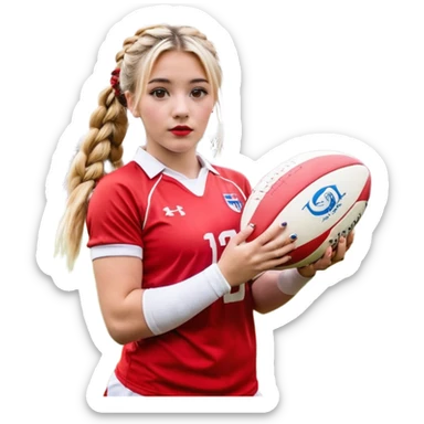 Chica de pelo rubio tirada en el suelo boca abajo agarrando un balón DE RUGBY con las manos vestida con una equipación de color rojo y blanco con líneas y con unas botas de tacos de fútbol, con un bucal en la boca y el pelo con trenzas, se la tienen que ver las 2 piernas  sticker