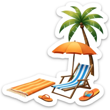 Icon for Beach Tourism: with the blue ocean, orange sunset sun and palm trees in the background, a sun umbrella, flip-flops, and a beach towel on the sand. The icon should represent relaxation and fun at the beach. Transparent background. sticker