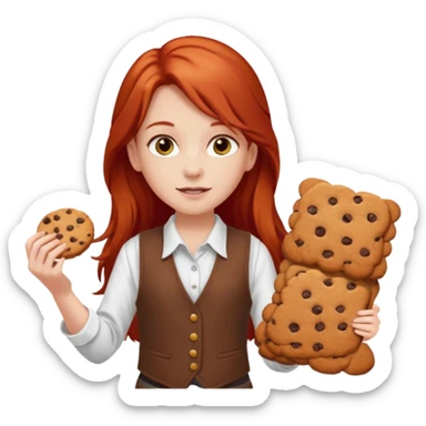 white girl scout with red long hair selling cookies with a brown vest and white shirt under vest. She should be around 10 years old sticker