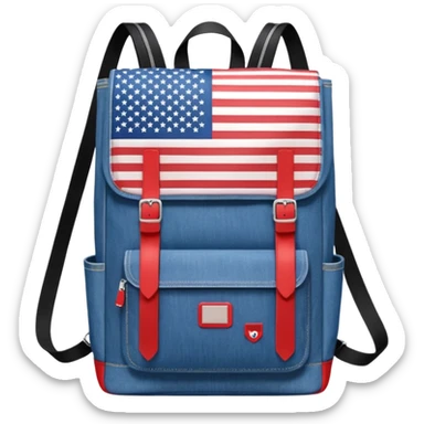 a blue denim backpack with a flap top, two vertical black buckle straps on the front. The backpack has two side pockets and a soft square shape. at front view bottom pocket, red and with two divided logo like simple american flag

 sticker