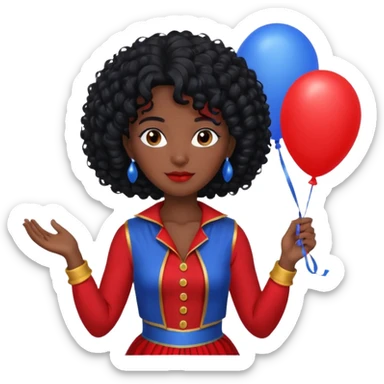 woman with curly black hair and dark face red costume, holding blue balloon sticker