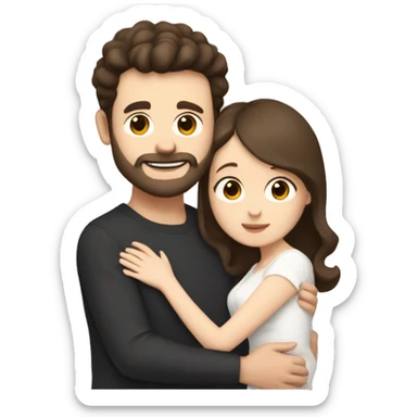 Young white man with short dark brown hair with a small beard hugging his white wife with dark brown hair and both of them hugging a beige and white Pomeranian  sticker