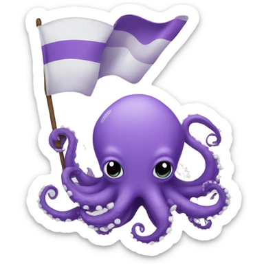 cute purple kraken with adorable face  holding a big white flag sticker
