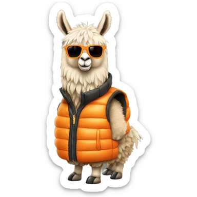 llama wearing an orange puffer vest and sun glasses full body sticker