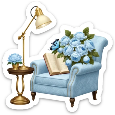 A cozy vintage-inspired reading nook, with an overstuffed ivory armchair, a golden reading lamp, and a bouquet of soft blue roses, white peonies, and dahlias resting on a small lace-covered side table, as a pearl butterfly gently rests on the open book.  sticker